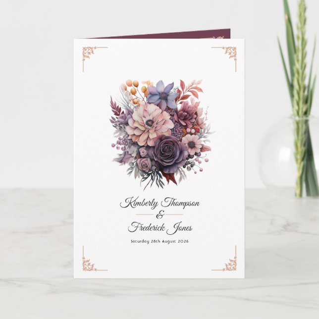 Plum, Gray, Copper and Dusty Rose Floral Wedding Program (Front)