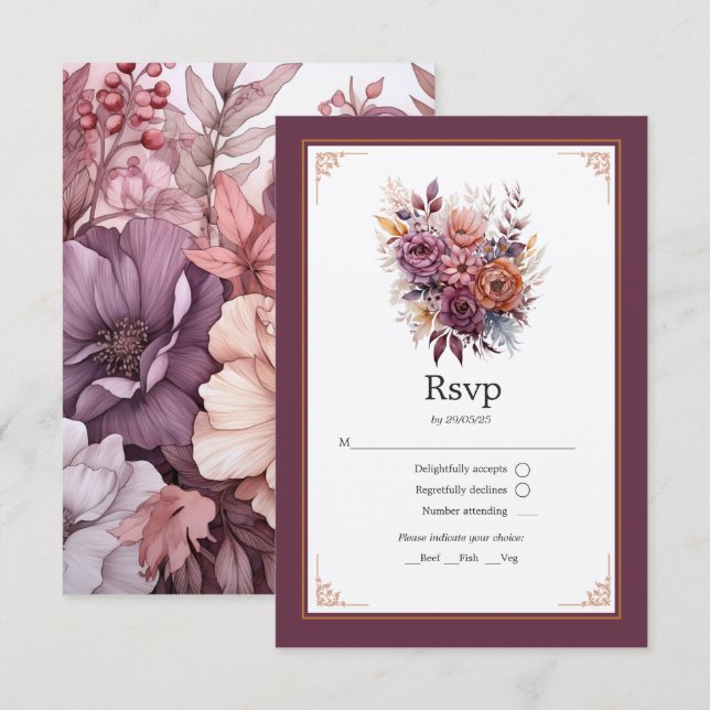 Plum, Gray, Copper and Dusty Rose Floral Wedding RSVP Card (Front/Back)