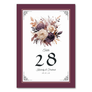 Plum, Gray, Copper and Dusty Rose Floral Wedding Table Number