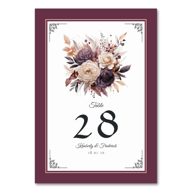 Plum, Gray, Copper and Dusty Rose Floral Wedding Table Number (Front)
