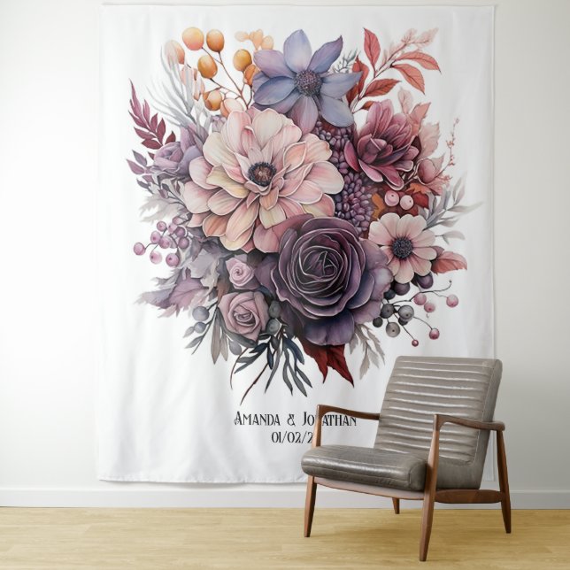 Plum, Gray, Copper and Dusty Rose Floral Wedding Tapestry (In Situ)