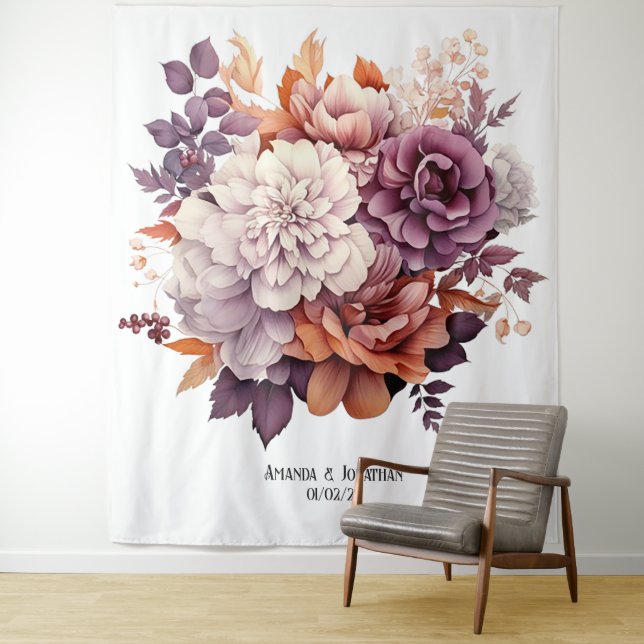 Plum, Gray, Copper and Dusty Rose Floral Wedding Tapestry (In Situ)