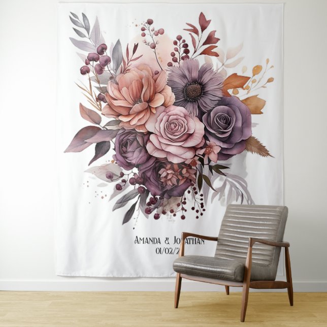 Plum, Gray, Copper and Dusty Rose Floral Wedding Tapestry (In Situ)