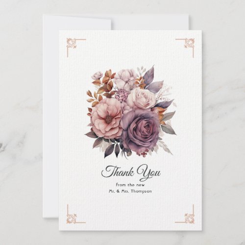 Plum Gray Copper and Dusty Rose Floral Wedding Thank You Card