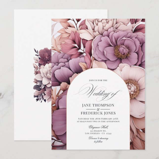 Plum, Gray, Copper and Dusty Rose Wedding Invitation (Front/Back)