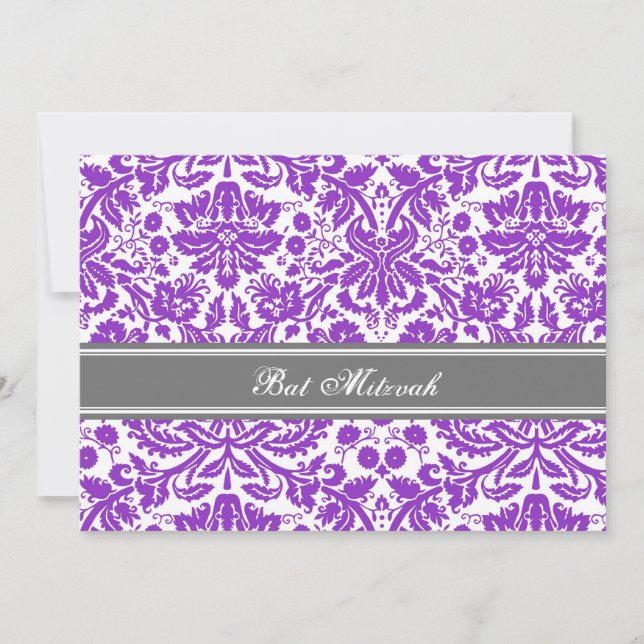 Plum Gray Damask Bat Mitzvah Invitations (Front)