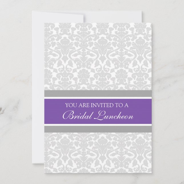 Plum Gray Damask Bridal Lunch Invitation Cards (Front)