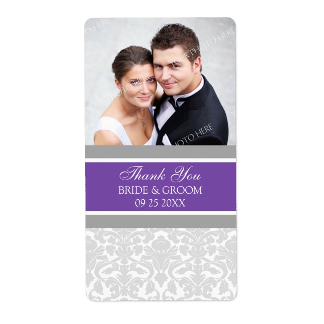 Plum Gray Damask Photo Wedding Labels (Front)