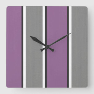 Plum Gray White Stripe Modern Square Wall Clock