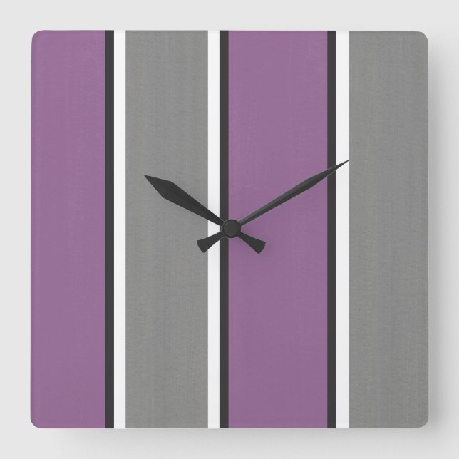 Plum Gray White Stripe Modern Square Wall Clock (Front)