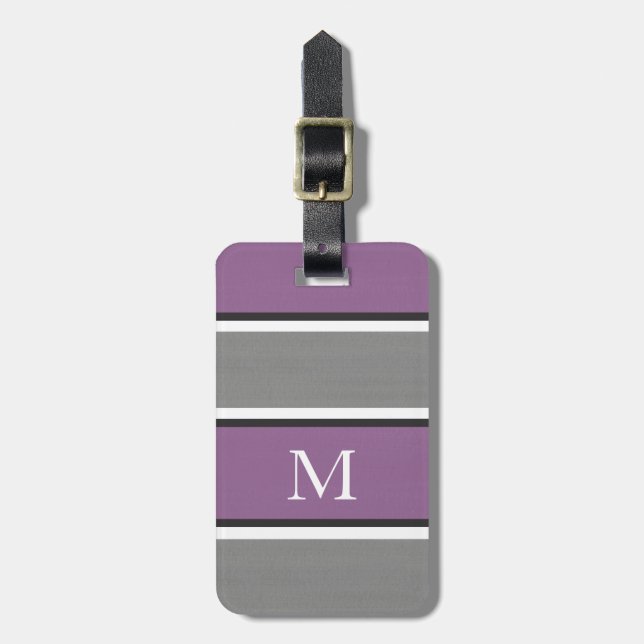 Plum Gray White Stripes Modern Luggage Tag (Front Vertical)