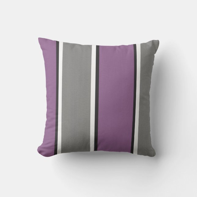 Plum Gray White Stripes Modern Throw Pillow (Front)