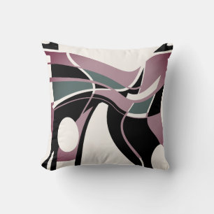 Plum Green Black on Off-White Swirling Art Motif Throw Pillow