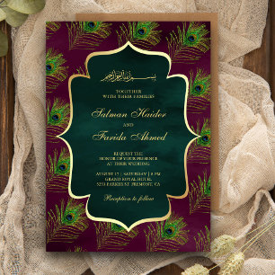 Plum Green Peacock Feathers Muslim Wedding Invitation