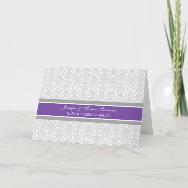 Plum Grey Damask Just Married Announcement Card (Front)