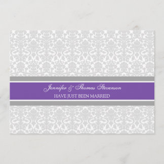 Plum Grey Damask Just Married Announcement Cards