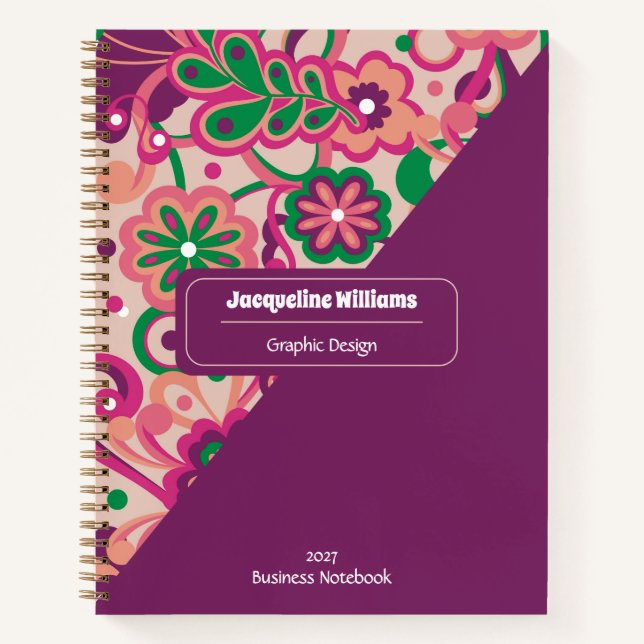 Plum Groovy Psychedelic 60s 70s Floral  Notebook (Front)
