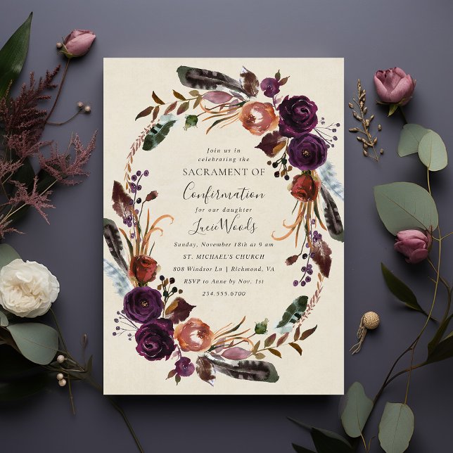 Plum Harvest Floral Confirmation Invitation (Creator Uploaded)