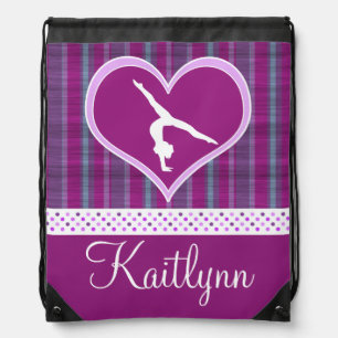 Plum Heart w/ Aqua Stripes and Polka-Dots Gymnast Drawstring Bag