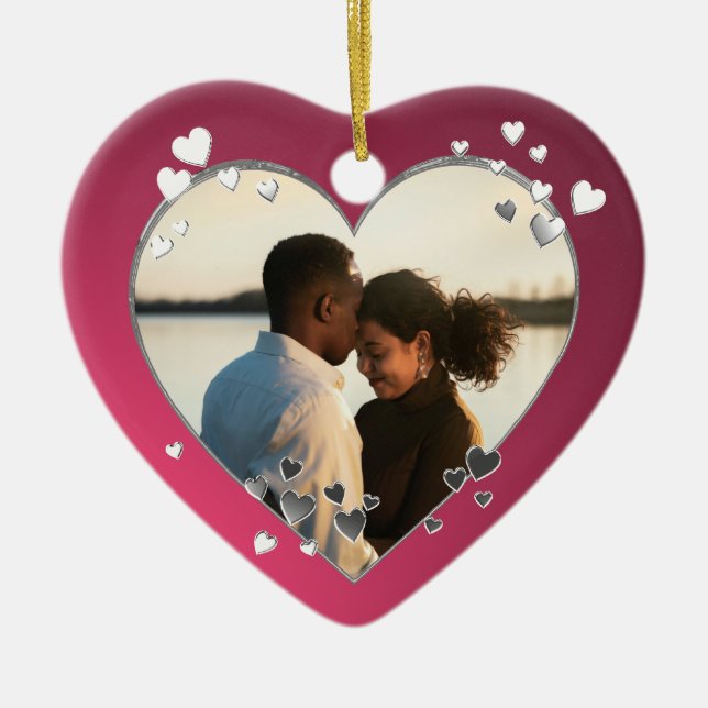 Plum Hearts and Ribbon Photo Ceramic Ornament (Front)