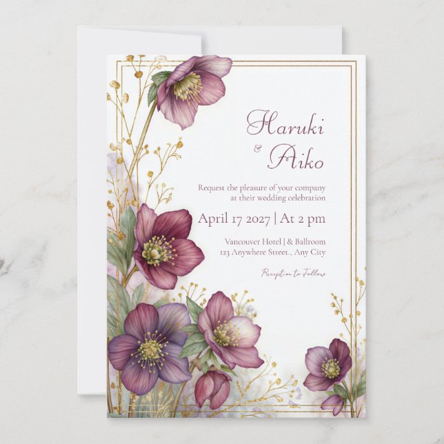 Plum Hellebore Gold Glitter Botanical Frame Invitation (Front)