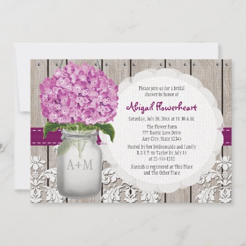 Plum Hydrangea Mason Jar Bridal Shower Invitation