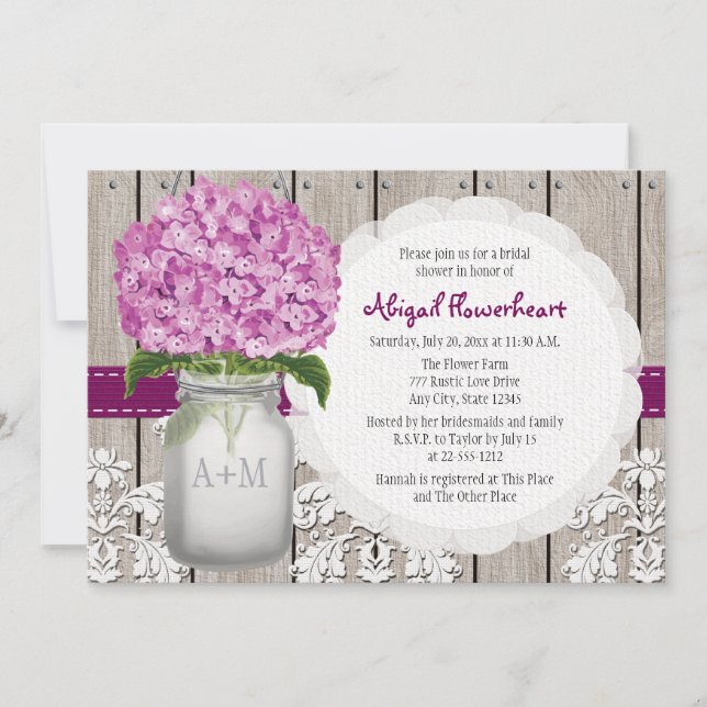Plum Hydrangea Mason Jar Bridal Shower Invitation (Front)