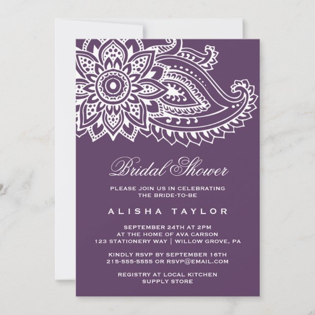 Plum Indian Paisley Bridal Shower Invitation (Front)