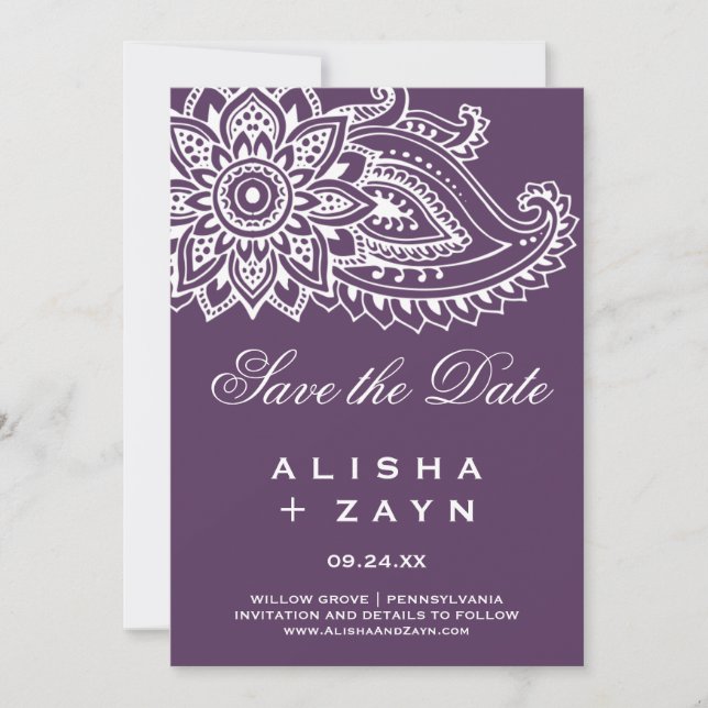 Plum Indian Paisley Save the Date Card (Front)