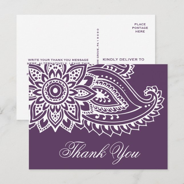 Plum Indian Paisley Thank You Postcard (Front/Back)