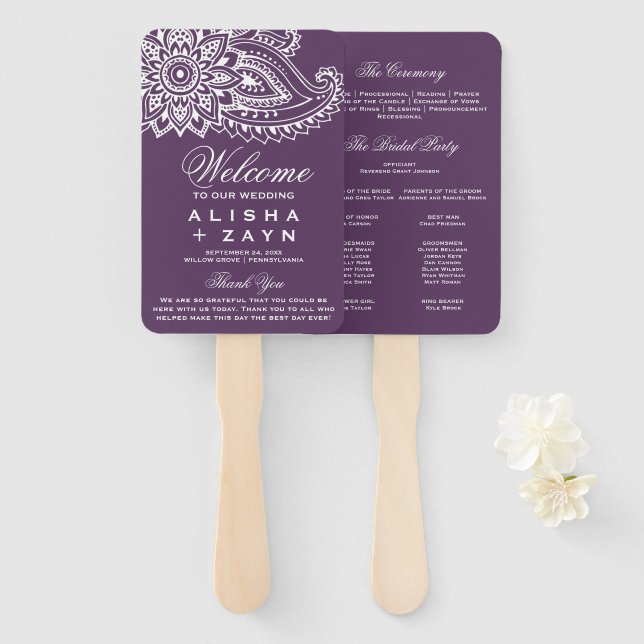 Plum Indian Paisley Wedding Program Hand Fan (Front and Back)