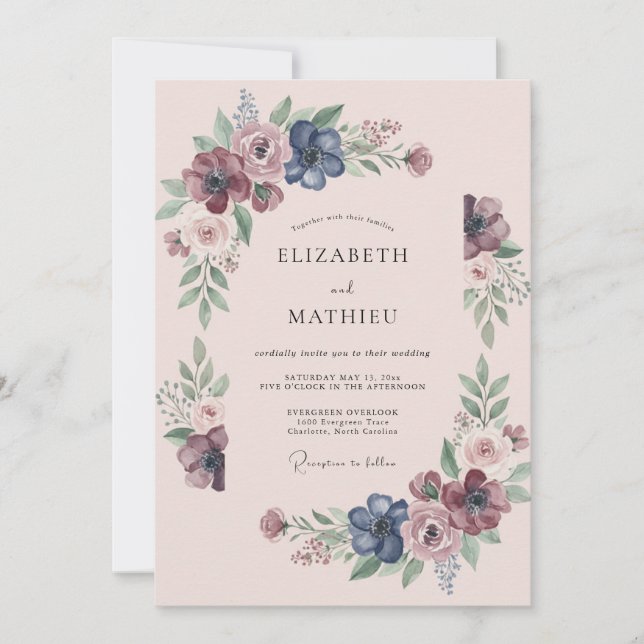 Plum Indigo Wildflower Wedding Invitation (Front)