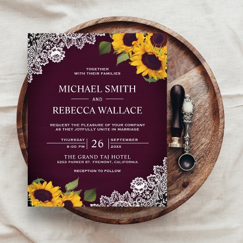 Plum Lace Sunflower Budget Wedding Invitation