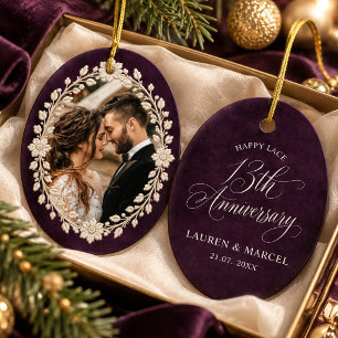 Plum Lace Thirteenth Wedding Anniversary Photo Ceramic Ornament