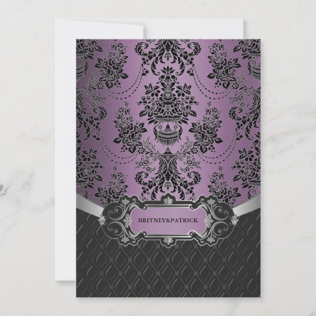 Plum Lapis Purple Black Damask Wedding Invitations (Front)