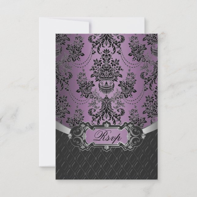 Plum Lapis Purple Black Damask Wedding RSVP Cards (Front)