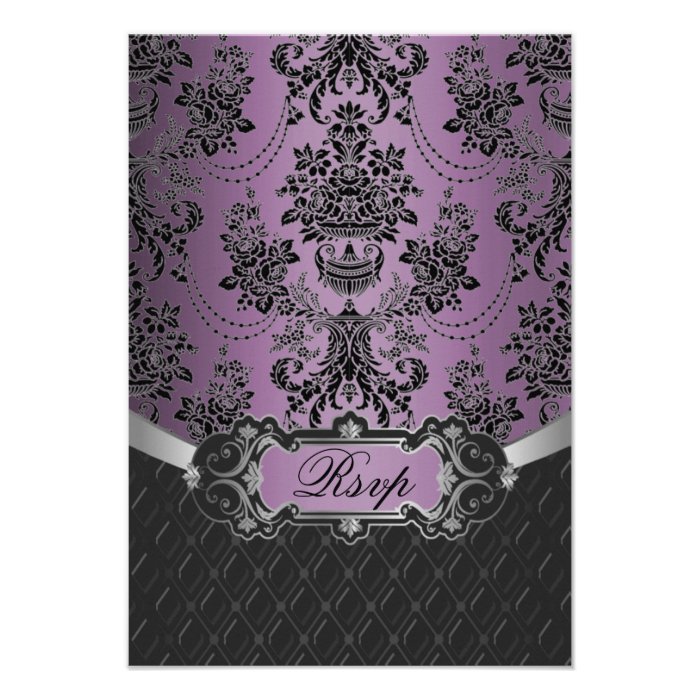 Plum Lapis Purple Black Damask Wedding RSVP Cards Custom Announcement