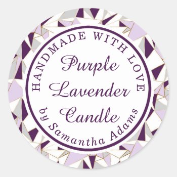 Plum Lavender Geometric Pattern Handmade With Love Classic Round Sticker by melanileestyle at Zazzle