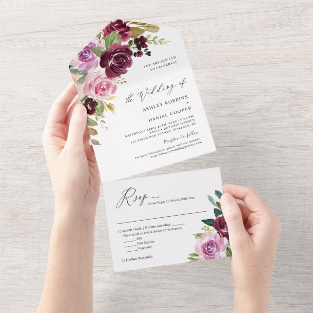 Plum Lavender Purple Blush Floral Wedding All In One Invitation (Tearaway)