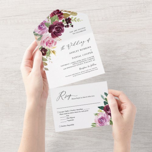 Plum Lavender Purple Blush Floral Wedding All In One Invitation - These "Plum Lavender Purple Blush Floral Wedding All in One Invitations" are designed with an easy to tear off perforated RSVP postcard. Just simply fold each card into the outlined shape, and then seal and send - no envelope needed for shipping.