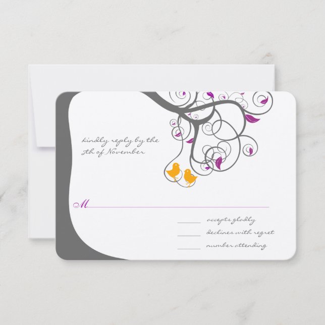 Plum Leaf Tree Love Bird Wedding Invitation (Front)