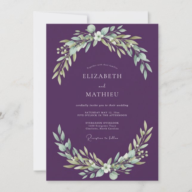 Plum Leafy Wedding Invitation (Front)