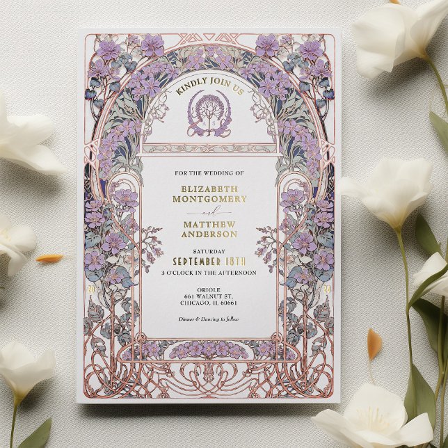 Plum & Lilac Art Nouveau Love Union Invitation Foil Invitation (Creator Uploaded)