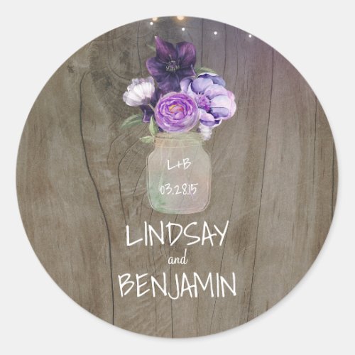 Plum Lilac Flowers Mason Jar Rustic Wedding Classic Round Sticker