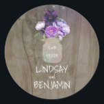 Plum Lilac Flowers Mason Jar Rustic Wedding Classic Round Sticker<br><div class="desc">Plum and lilac purple floral mason jar rustic wood wedding seal</div>