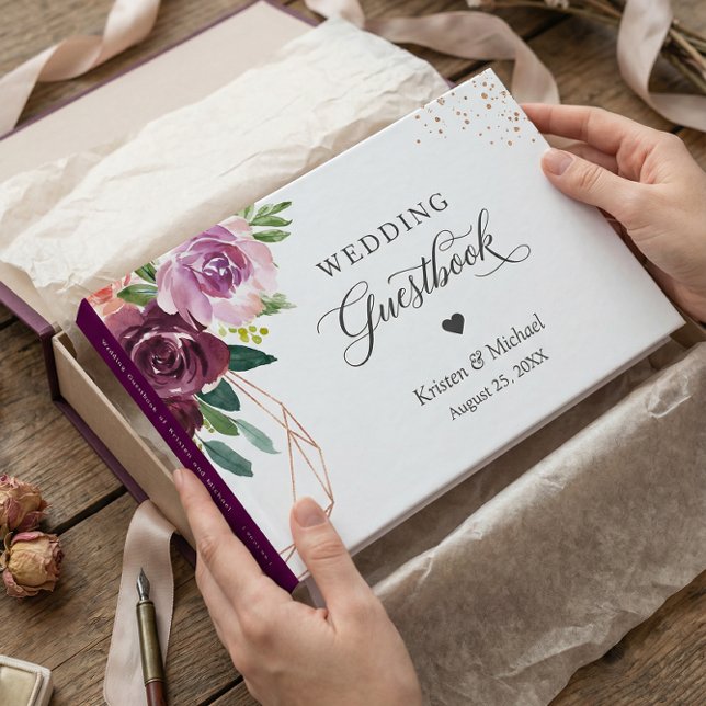 Plum Lilac Purple Floral Rose Gold Wedding Guest Book (Creator Uploaded)