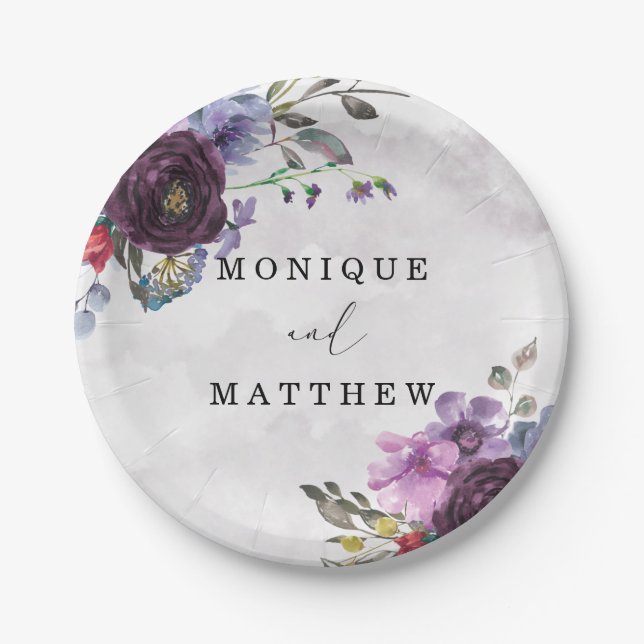Plum Lilac Watercolor Garden Peony Wedding Paper Plates (Front)