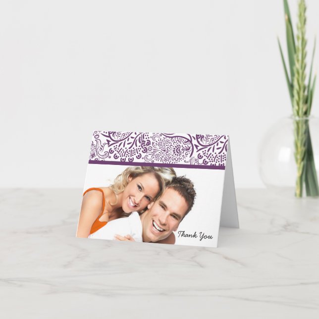 Plum Love Birds Wedding Thank You Note Cards (Front)