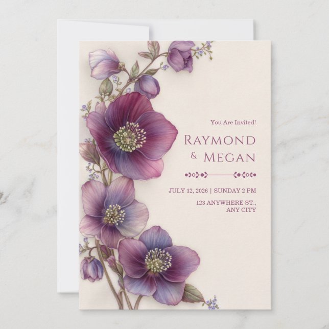 Plum Magenta Hellebore Botanical Border Wedding Invitation (Front)