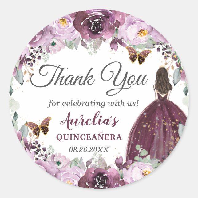 Plum Mauve Floral Butterflies Princess Favor Classic Round Sticker (Front)